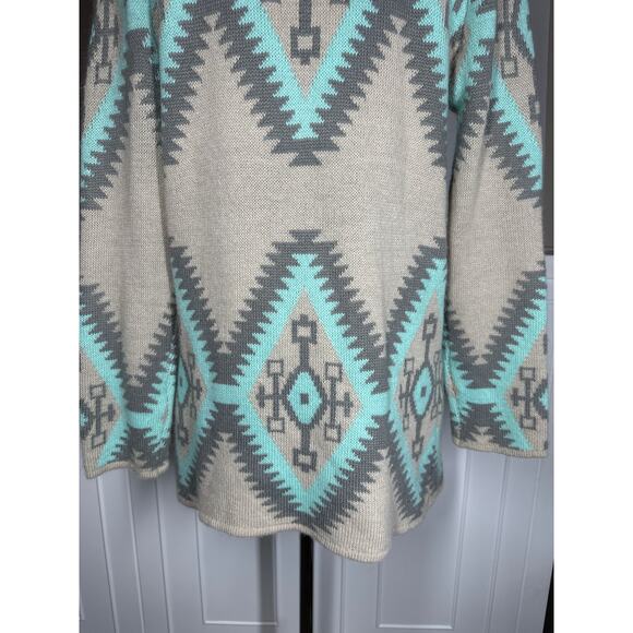 Renee C Aztec Print Cardigan Sweater Wool Mohair Open Front Knit Teal Tan Size S - Picture 8 of 13